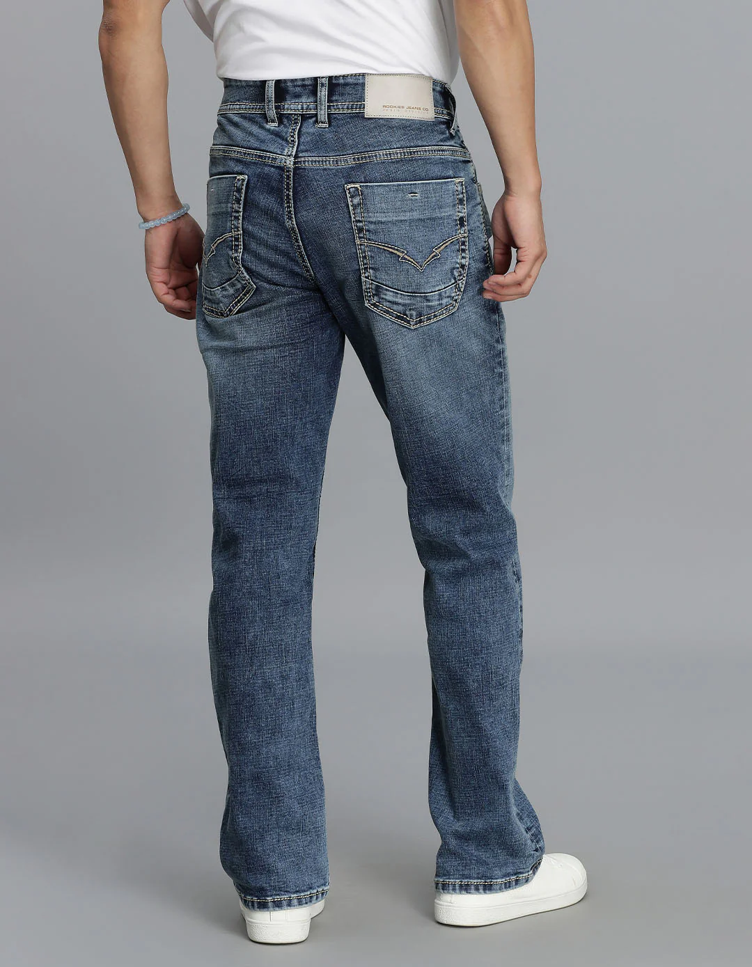 Med Blue 5 Pocket Mid Rise Loose Boot Leg Cropped Jeans - Image 5