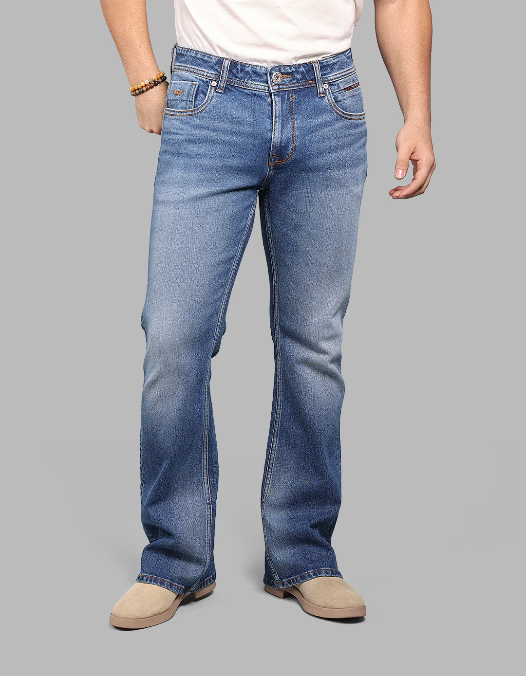Med Blue 5 Pocket Mid Rise Loose Boot Leg Stretch Jeans