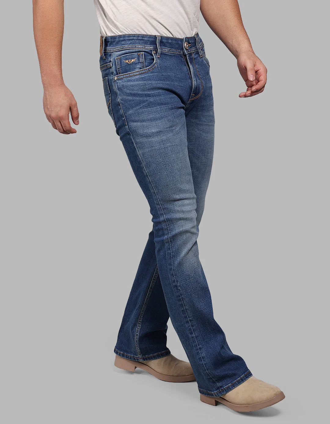 Med Blue 5 Pocket Mid Rise Loose Boot Leg Stretch Jeans - Image 7