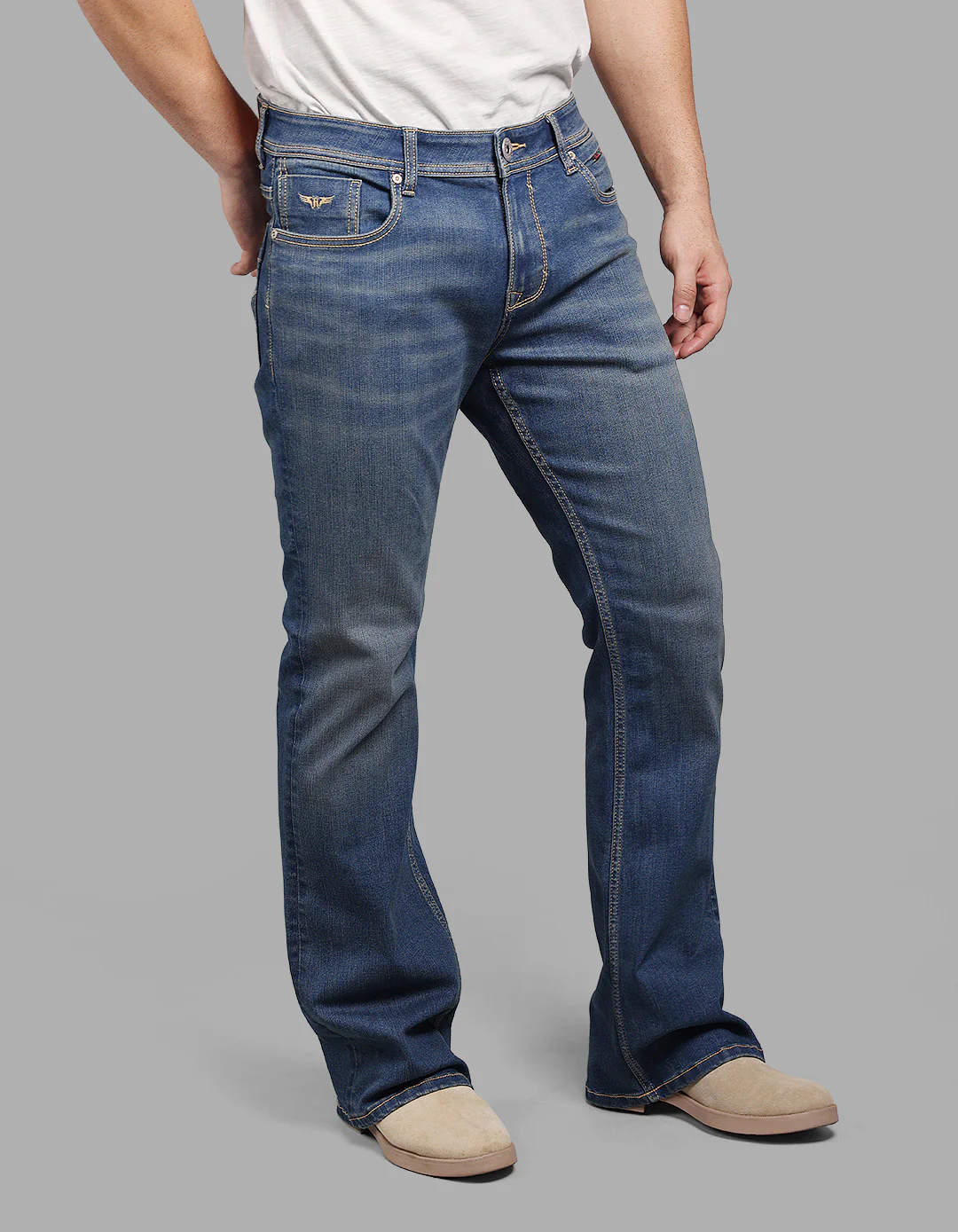Med Blue 5 Pocket Mid Rise Loose Boot Leg Stretch Jeans - Image 4
