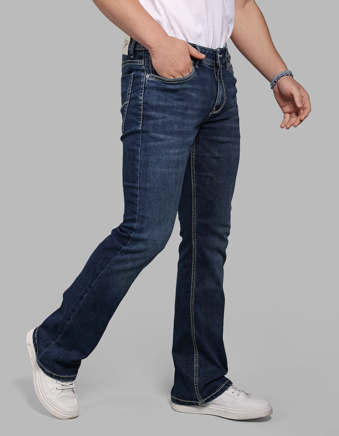 Med Blue 5 Pocket Mid Rise Loose Boot Leg Stretch Jeans - Image 5