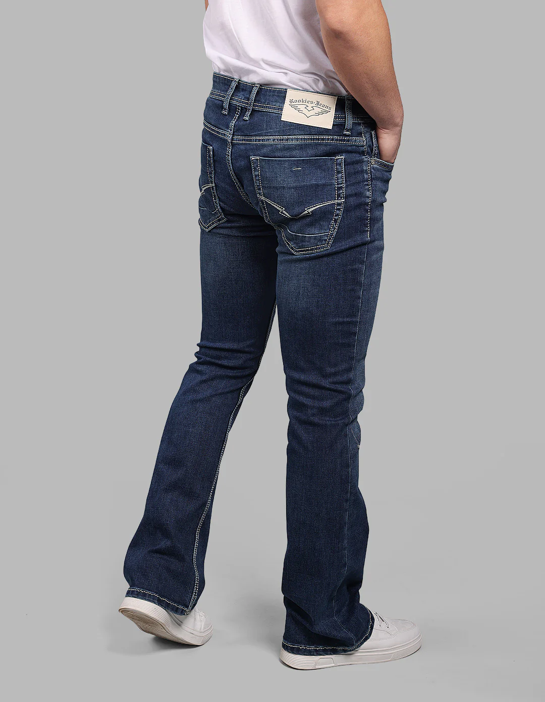 Med Blue 5 Pocket Mid Rise Loose Boot Leg Stretch Jeans - Image 6