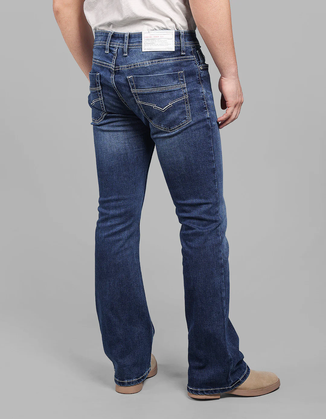 Med Blue 5 Pocket Mid Rise Loose Boot Leg Stretch Jeans - Image 6
