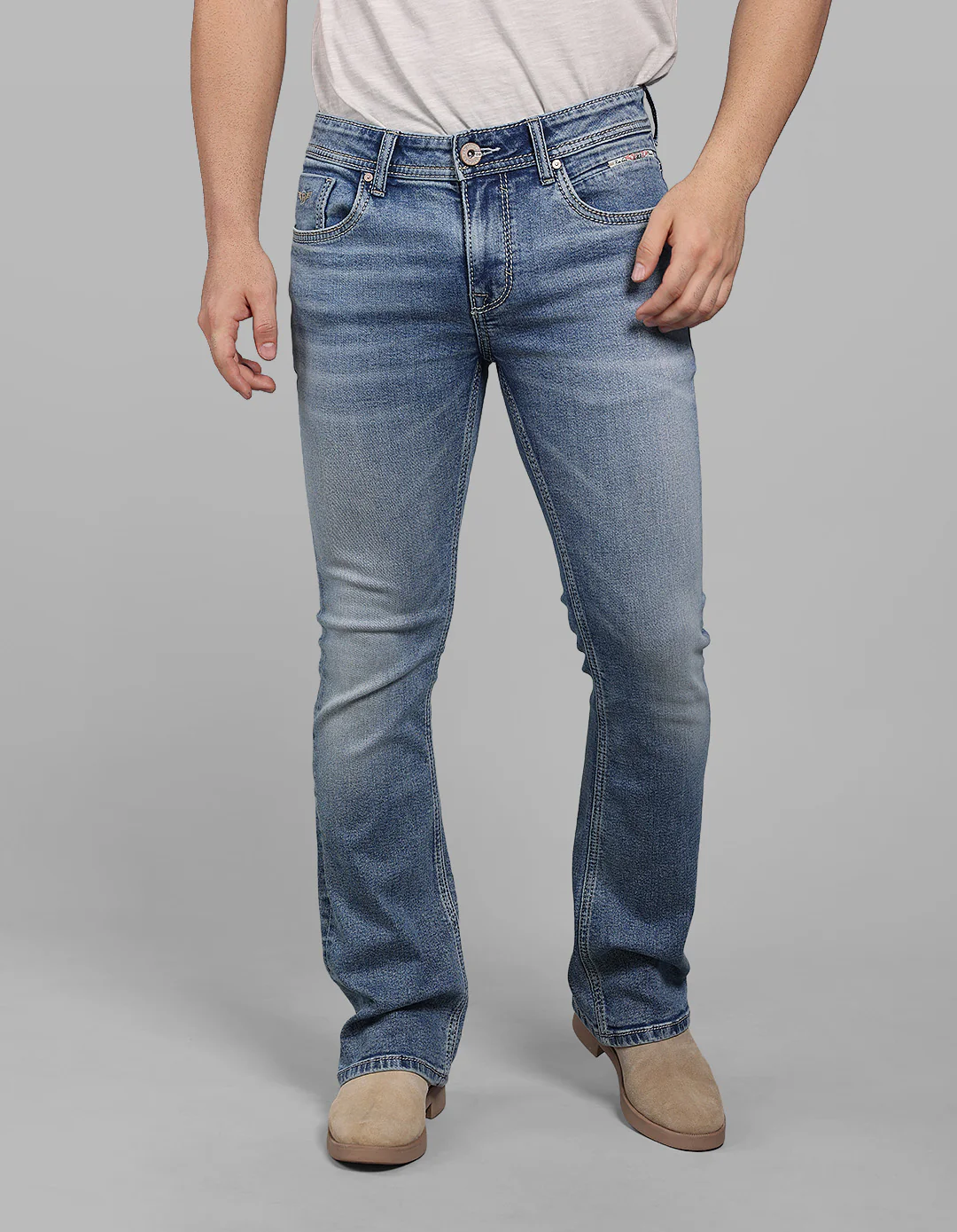 Med Blue 5 Pocket Mid Rise Loose Boot Leg Stretch Jeans