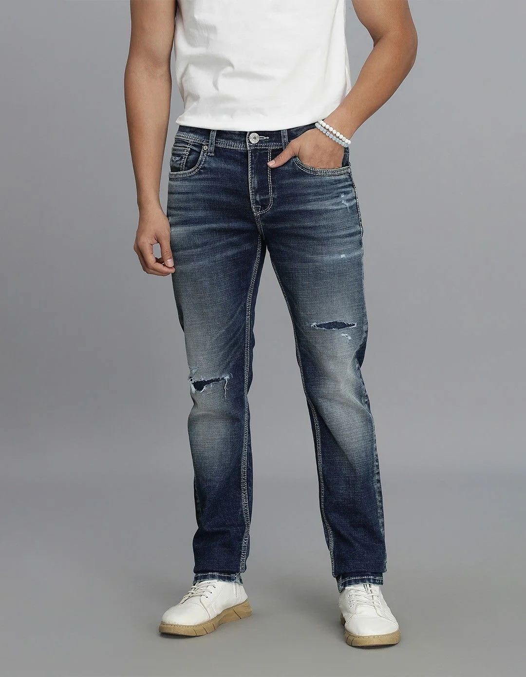 Med Blue 5 Pocket Mid-Rise Slim Straight Fit Jeans