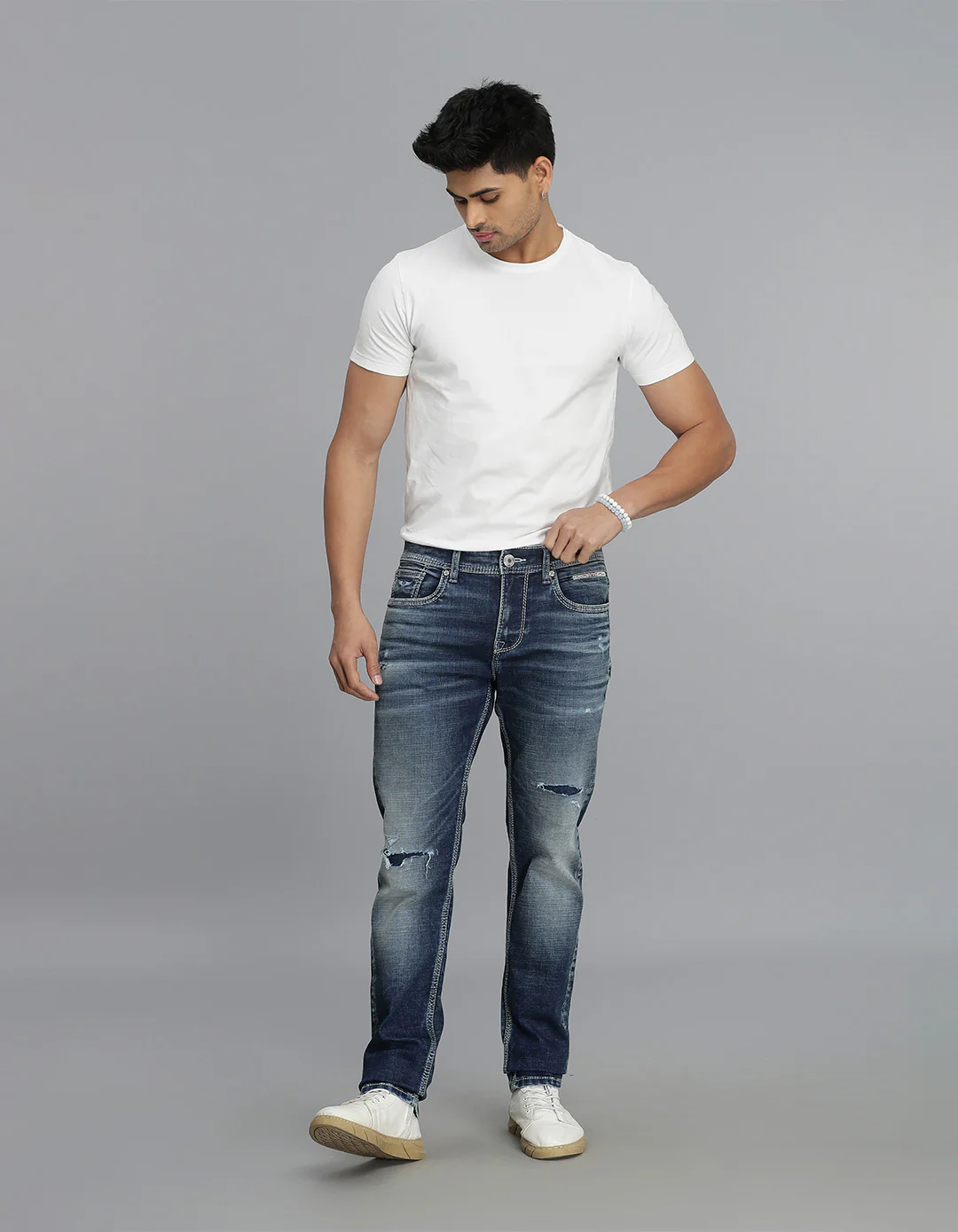 Med Blue 5 Pocket Mid-Rise Slim Straight Fit Jeans - Image 2
