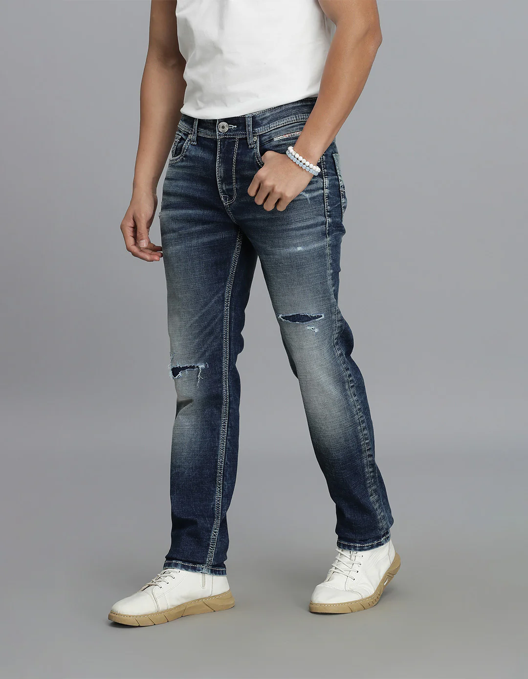 Med Blue 5 Pocket Mid-Rise Slim Straight Fit Jeans - Image 3