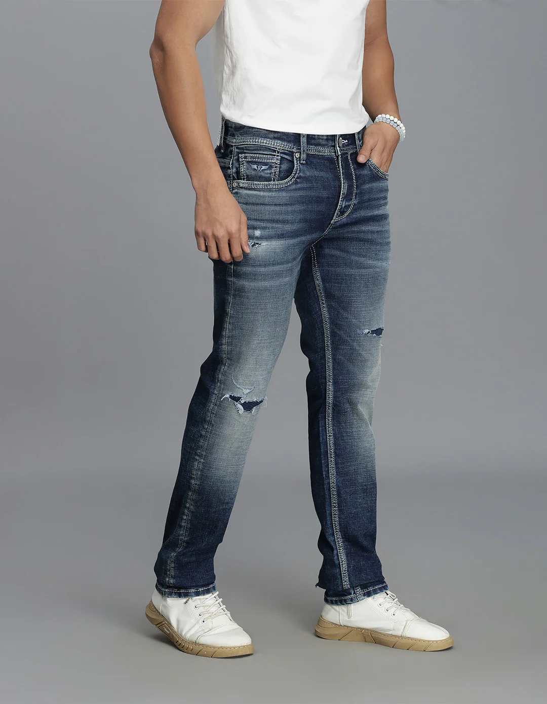 Med Blue 5 Pocket Mid-Rise Slim Straight Fit Jeans - Image 4