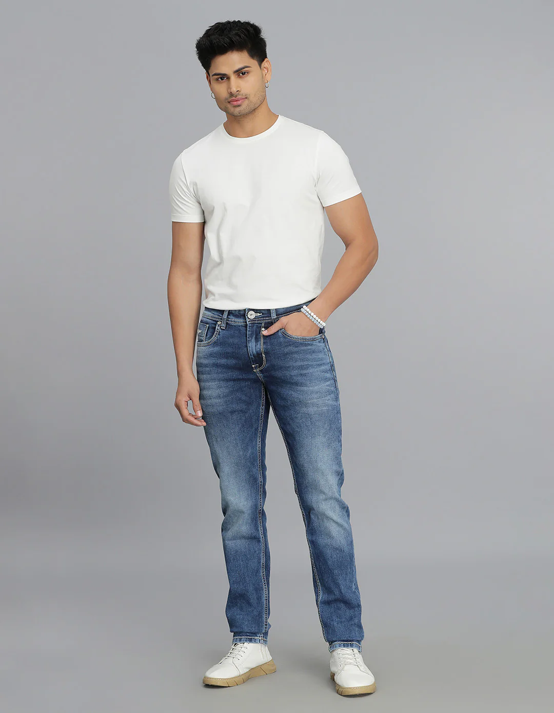 Med Blue 5 Pocket Mid-Rise Slim Straight Fit jeans - Image 3