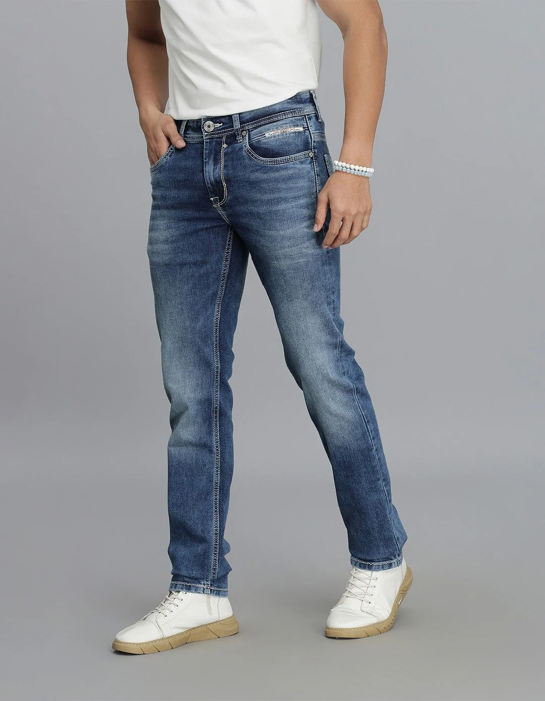 Med Blue 5 Pocket Mid-Rise Slim Straight Fit jeans - Image 4