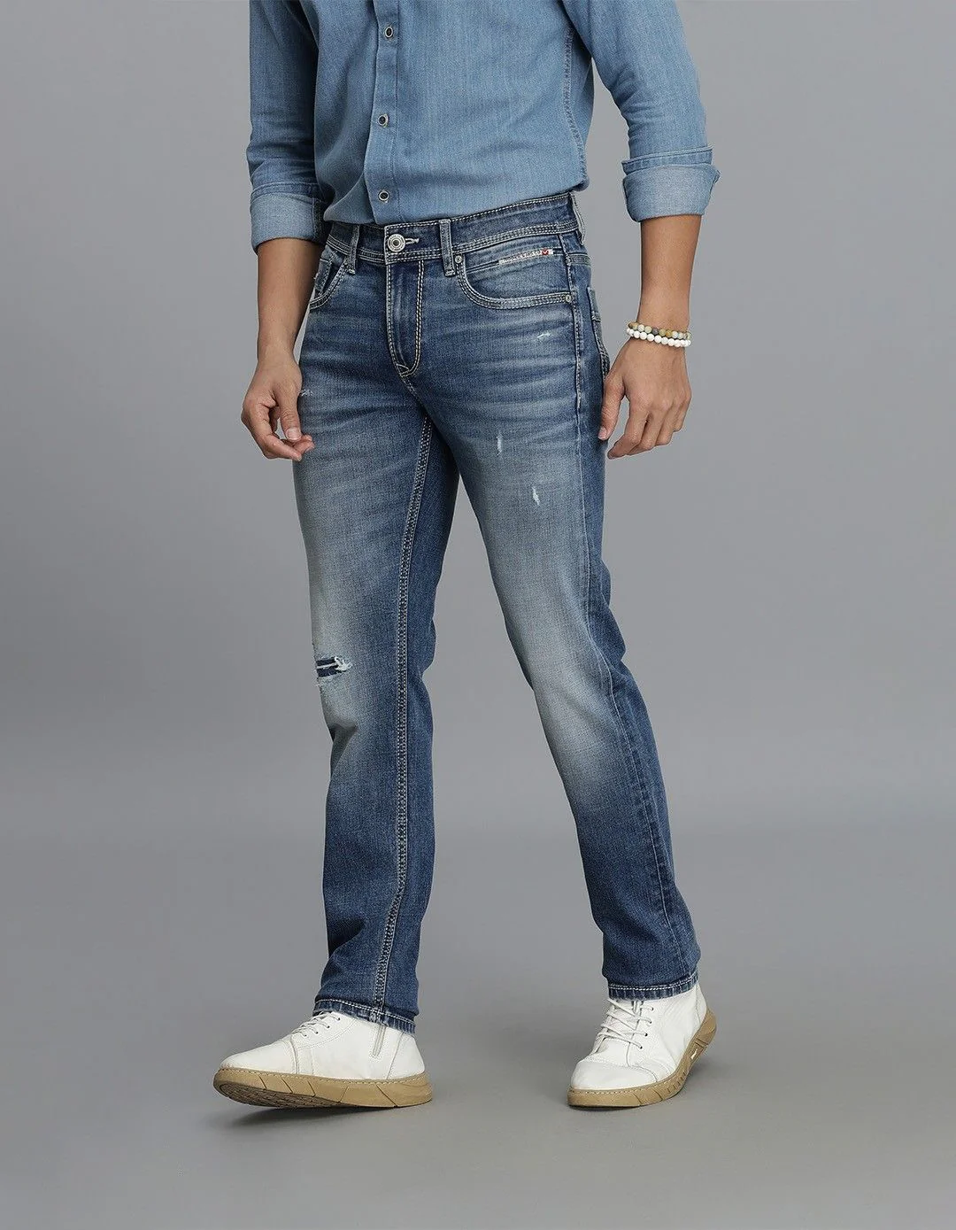 Med Blue 5 Pocket Mid-Rise Slim Straight Fit jeans - Image 3