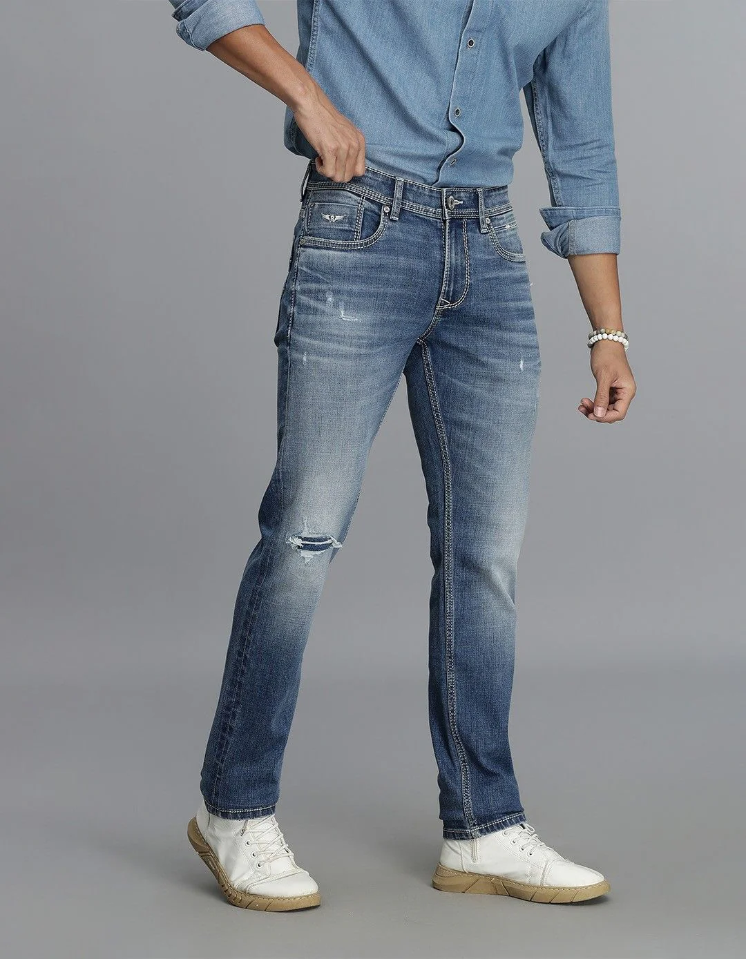 Med Blue 5 Pocket Mid-Rise Slim Straight Fit jeans - Image 4