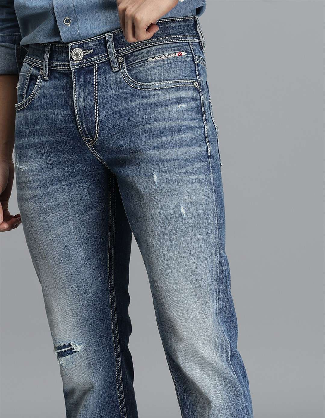 Med Blue 5 Pocket Mid-Rise Slim Straight Fit jeans - Image 6