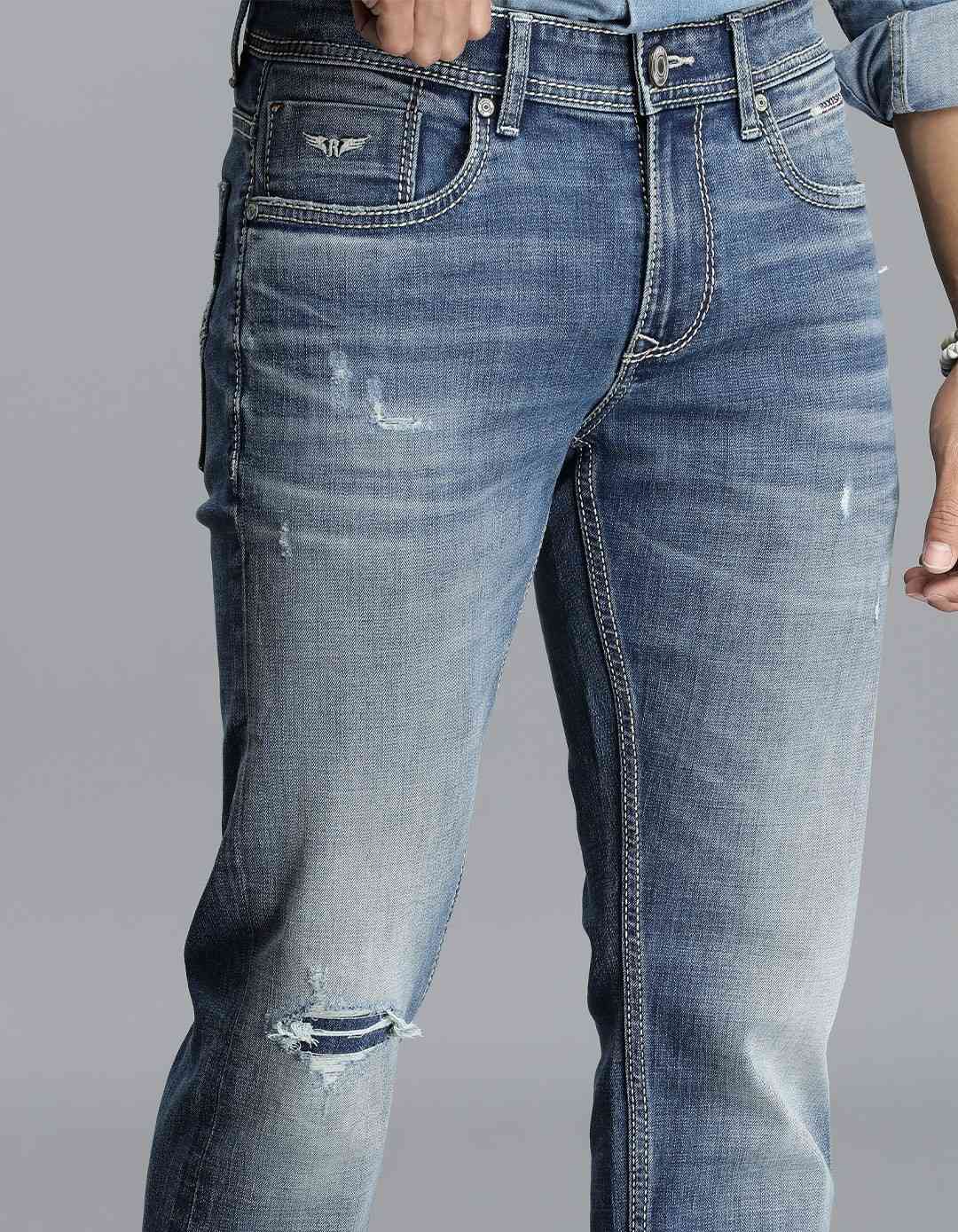 Med Blue 5 Pocket Mid-Rise Slim Straight Fit jeans - Image 7