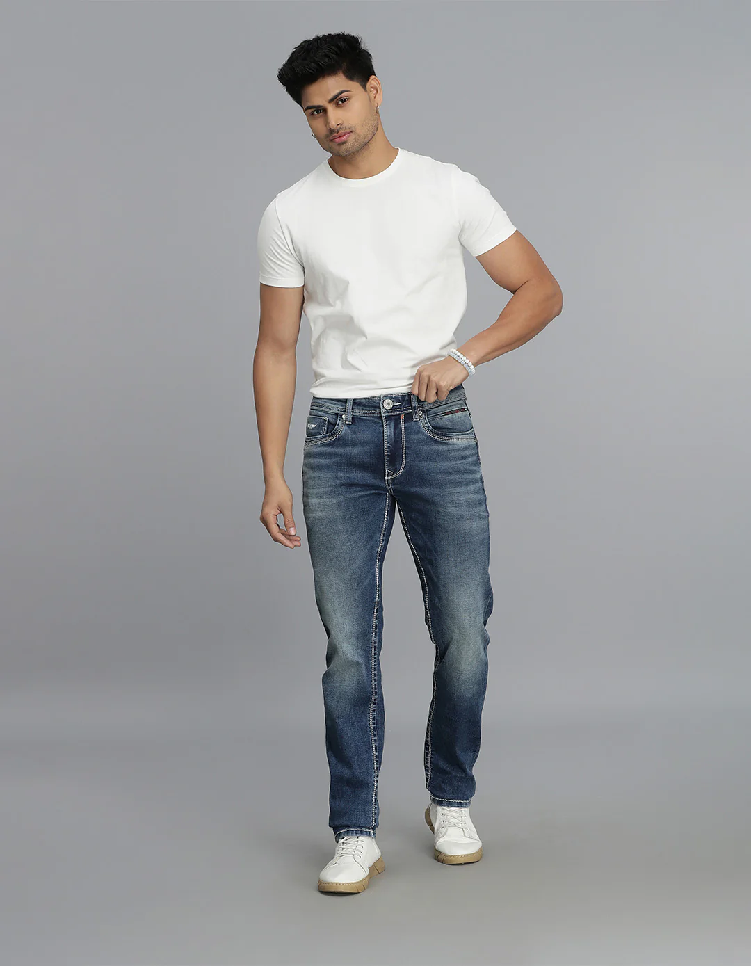 Med Blue 5 Pocket Mid-Rise Slim Straight Fit jeans - Image 2