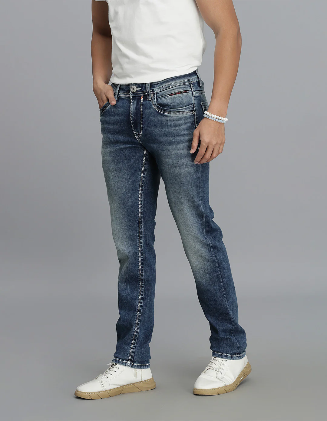 Med Blue 5 Pocket Mid-Rise Slim Straight Fit jeans - Image 3
