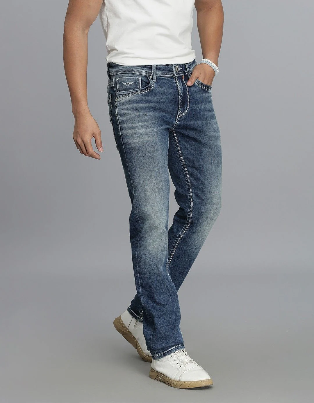 Med Blue 5 Pocket Mid-Rise Slim Straight Fit jeans - Image 4