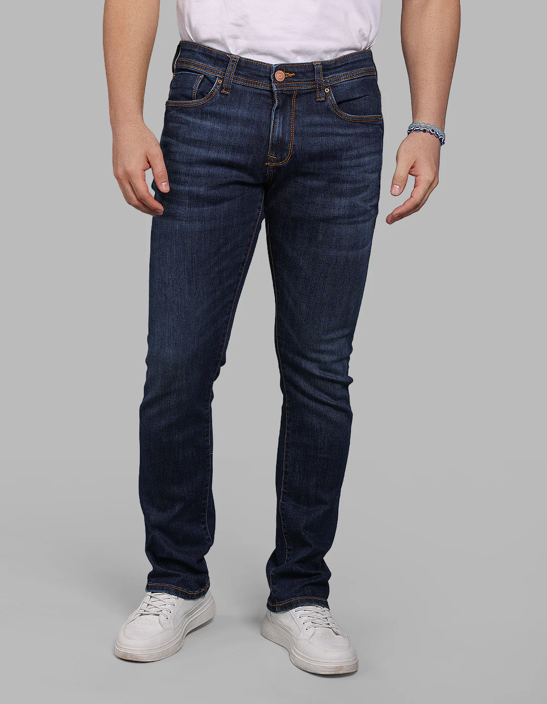 Med Blue 5 Pocket Mid-Rise Slim Straight Fit Stretch Jeans