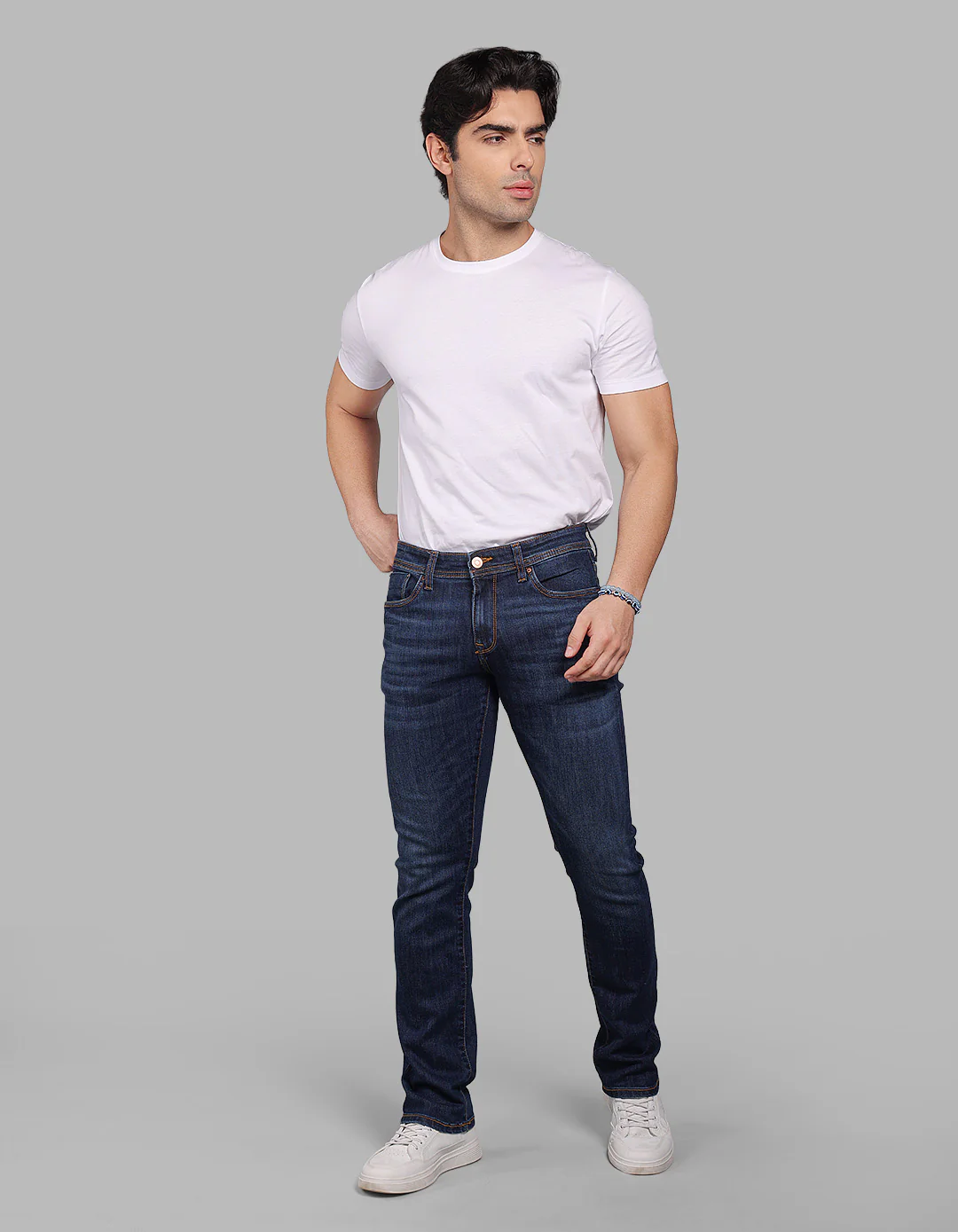 Med Blue 5 Pocket Mid-Rise Slim Straight Fit Stretch Jeans - Image 2