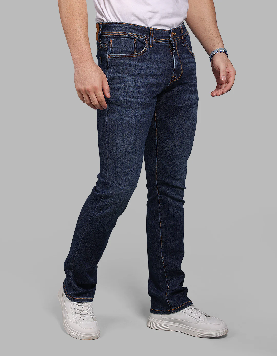 Med Blue 5 Pocket Mid-Rise Slim Straight Fit Stretch Jeans - Image 3