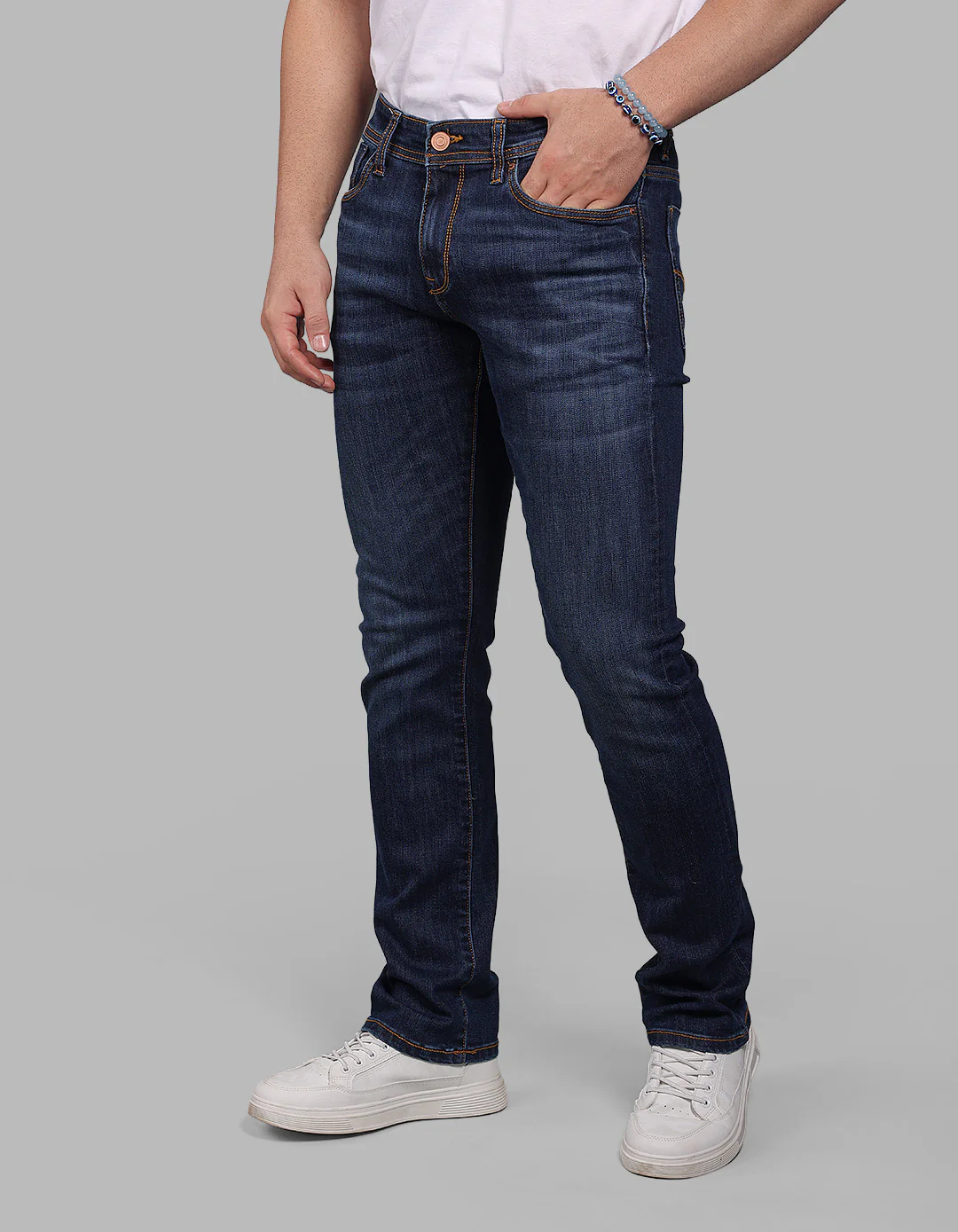 Med Blue 5 Pocket Mid-Rise Slim Straight Fit Stretch Jeans - Image 4