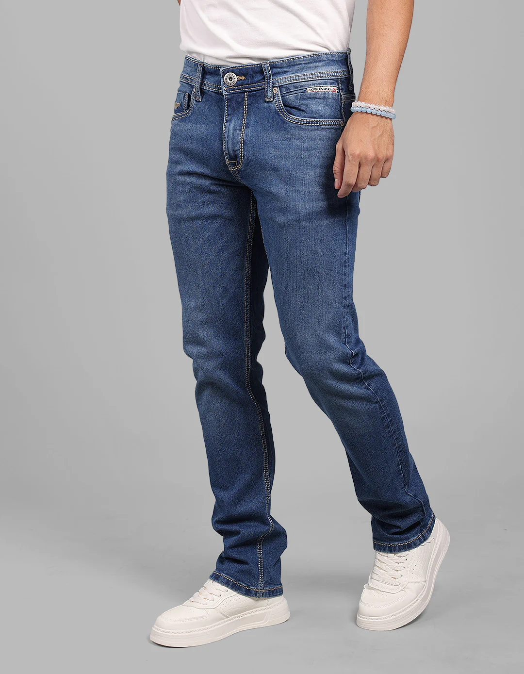 Med Blue 5 Pocket Mid-Rise Slim Straight Fit Stretch Jeans