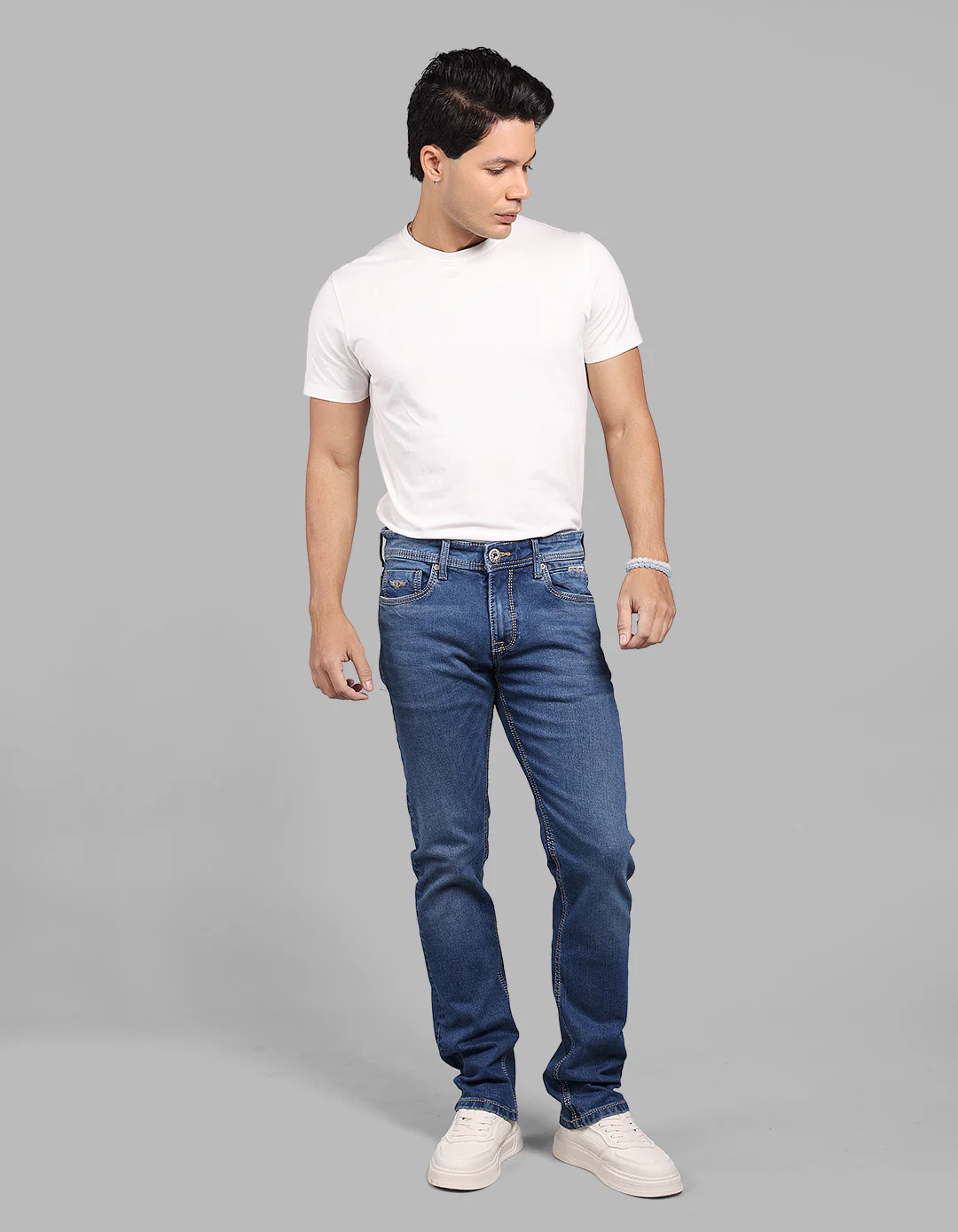 Med Blue 5 Pocket Mid-Rise Slim Straight Fit Stretch Jeans - Image 2
