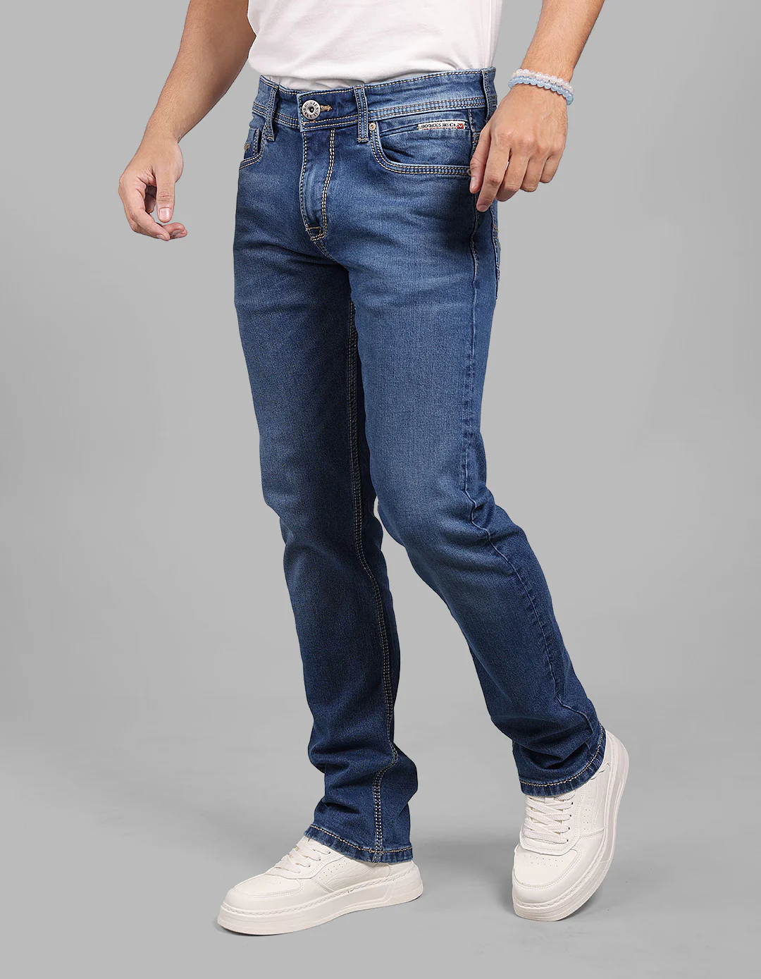 Med Blue 5 Pocket Mid-Rise Slim Straight Fit Stretch Jeans - Image 3