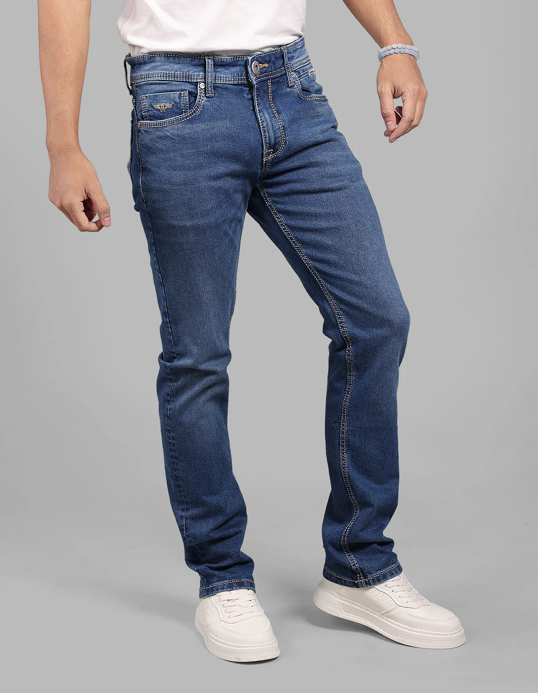 Med Blue 5 Pocket Mid-Rise Slim Straight Fit Stretch Jeans - Image 4