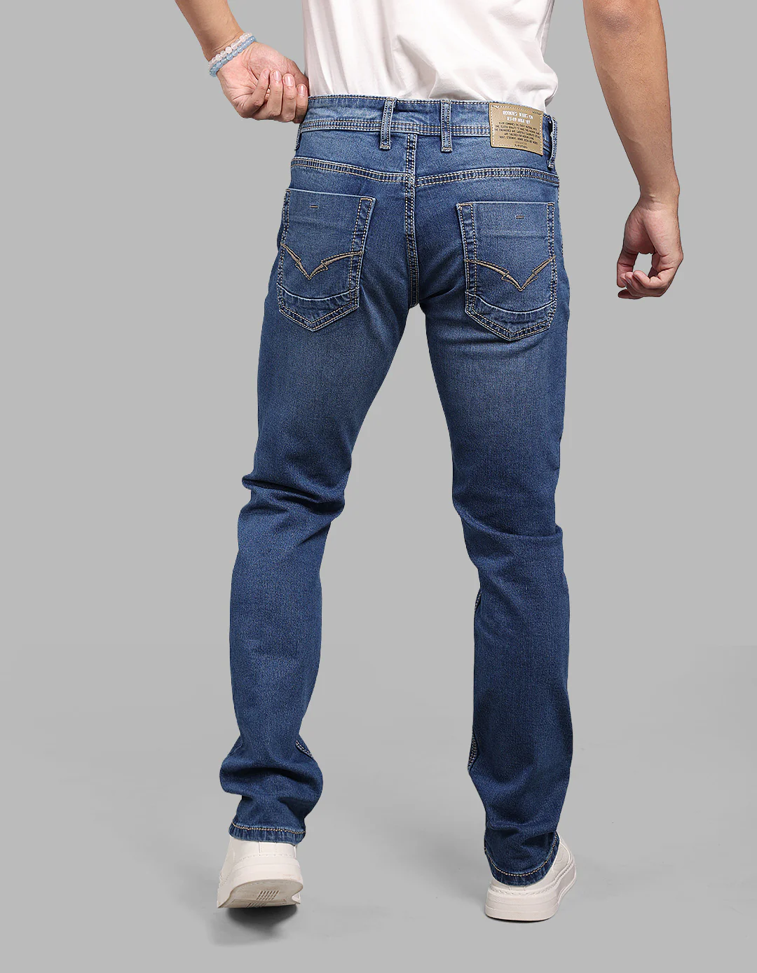 Med Blue 5 Pocket Mid-Rise Slim Straight Fit Stretch Jeans - Image 5