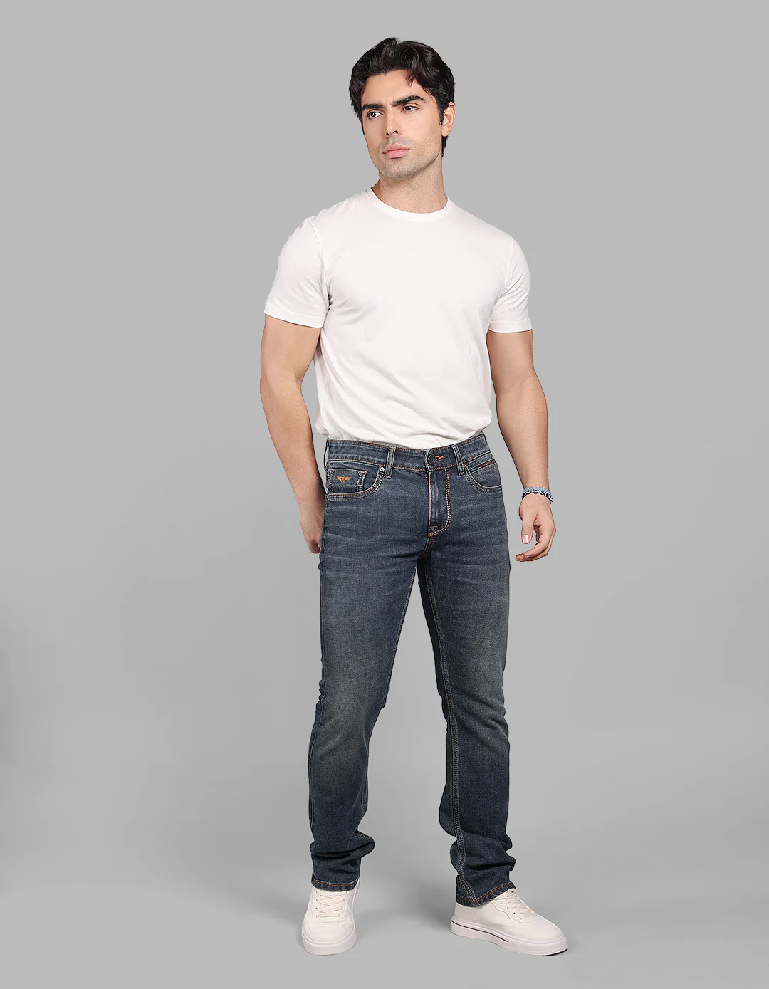 Med Blue 5 Pocket Mid-Rise Slim Straight Fit Stretch Jeans