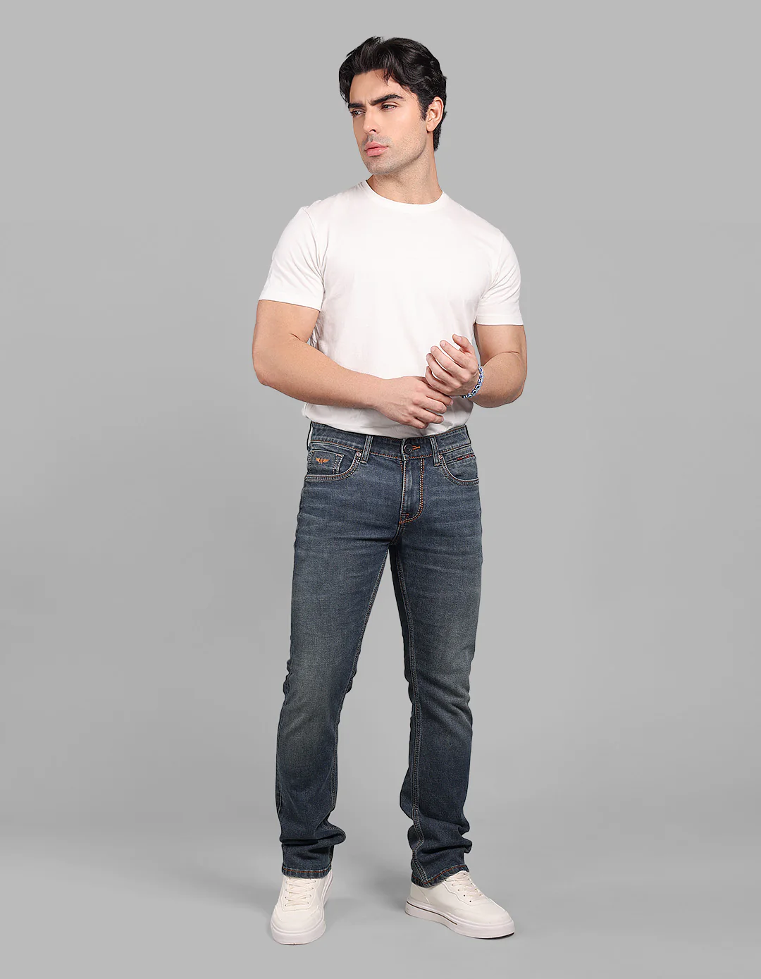 Med Blue 5 Pocket Mid-Rise Slim Straight Fit Stretch Jeans - Image 2