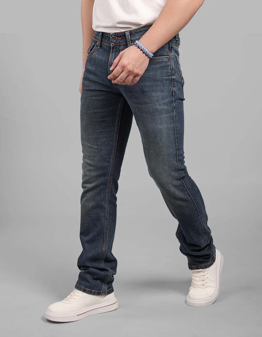 Med Blue 5 Pocket Mid-Rise Slim Straight Fit Stretch Jeans - Image 3