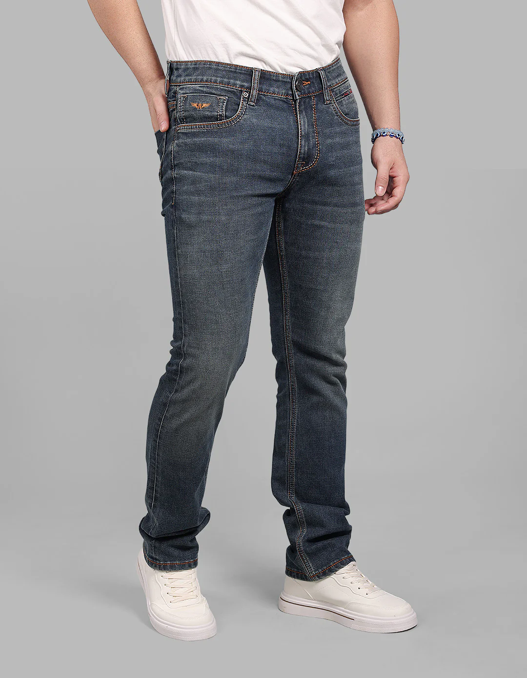 Med Blue 5 Pocket Mid-Rise Slim Straight Fit Stretch Jeans - Image 4