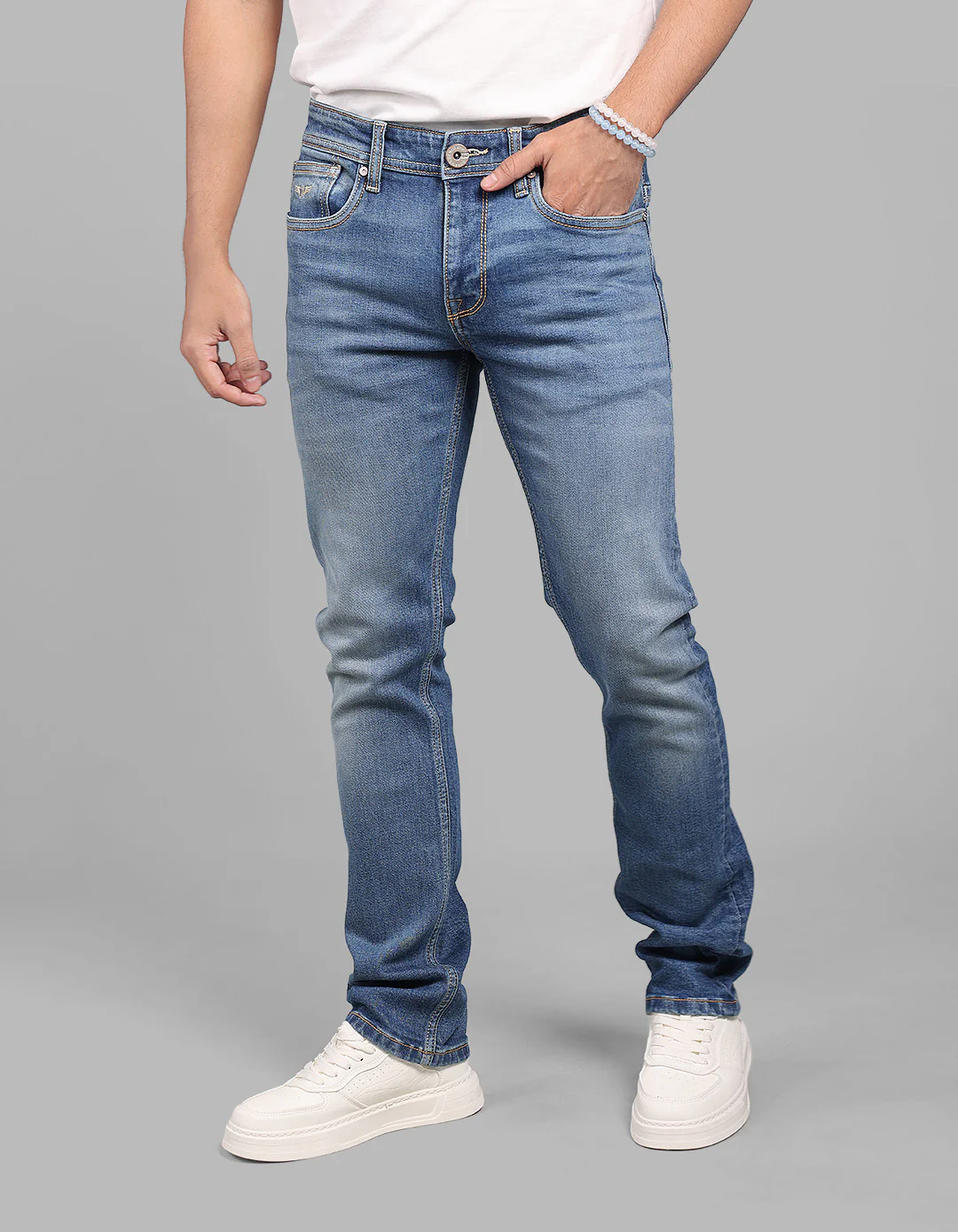 Med Blue 5 Pocket Mid-Rise Slim Straight Fit Stretch Jeans