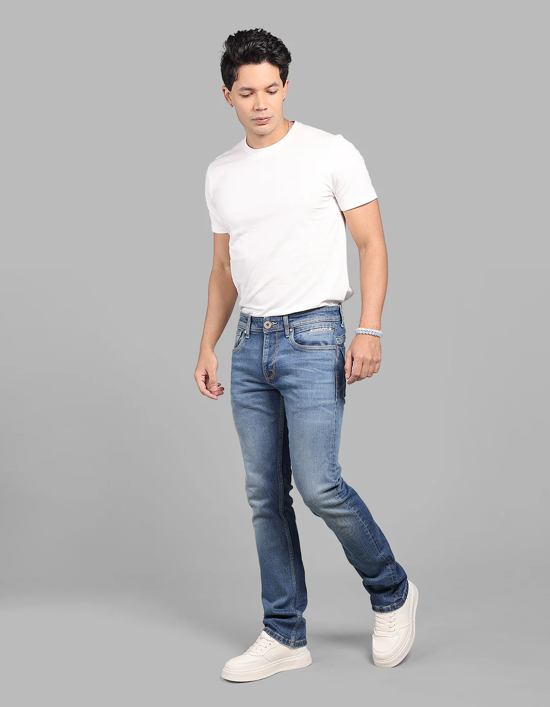 Med Blue 5 Pocket Mid-Rise Slim Straight Fit Stretch Jeans - Image 2