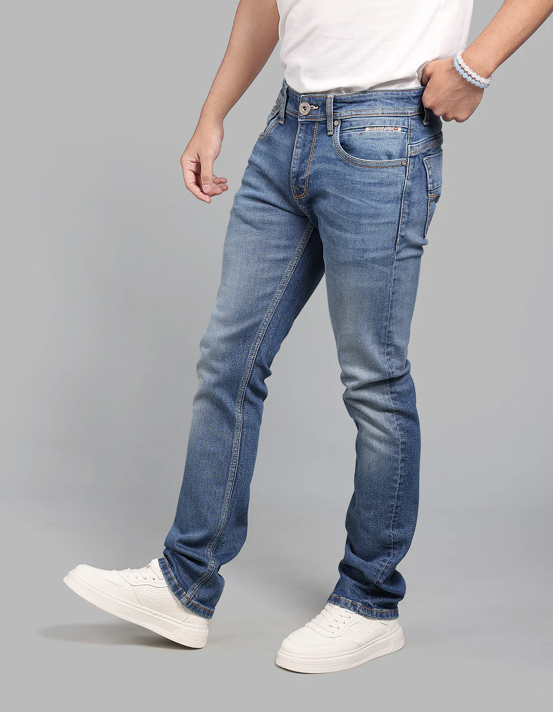 Med Blue 5 Pocket Mid-Rise Slim Straight Fit Stretch Jeans - Image 4