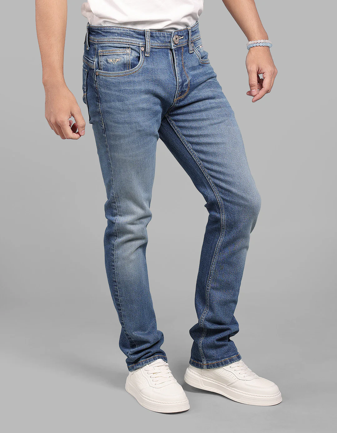Med Blue 5 Pocket Mid-Rise Slim Straight Fit Stretch Jeans - Image 5