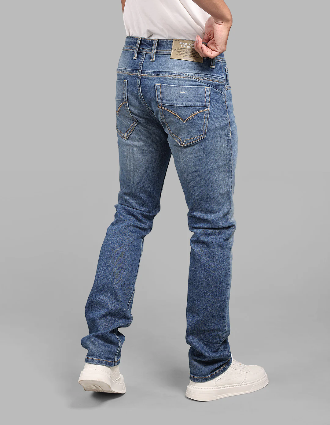 Med Blue 5 Pocket Mid-Rise Slim Straight Fit Stretch Jeans - Image 6