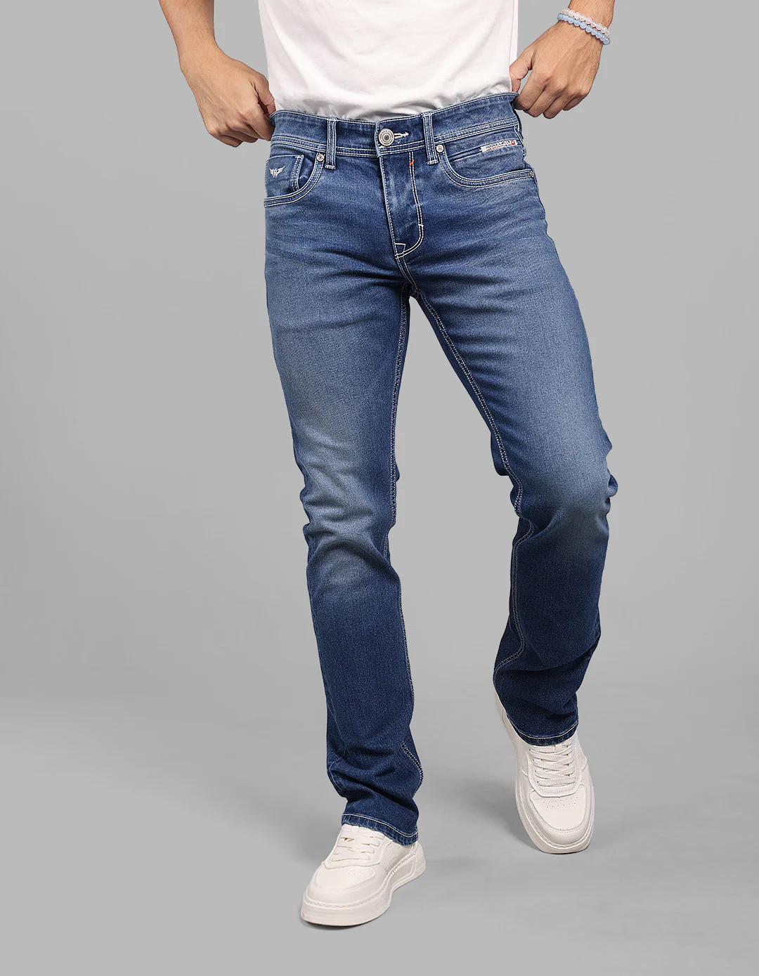 Med Blue 5 Pocket Mid-Rise Slim Straight Fit Stretch Jeans