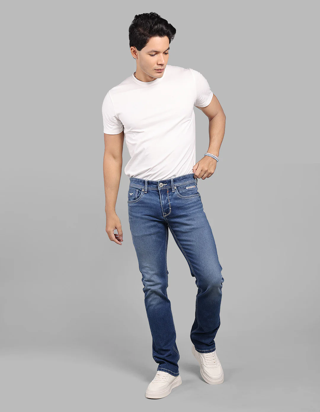 Med Blue 5 Pocket Mid-Rise Slim Straight Fit Stretch Jeans - Image 2