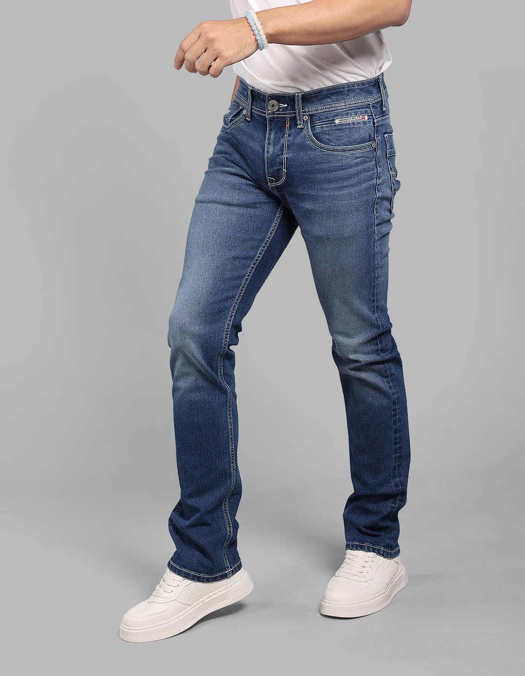 Med Blue 5 Pocket Mid-Rise Slim Straight Fit Stretch Jeans - Image 3