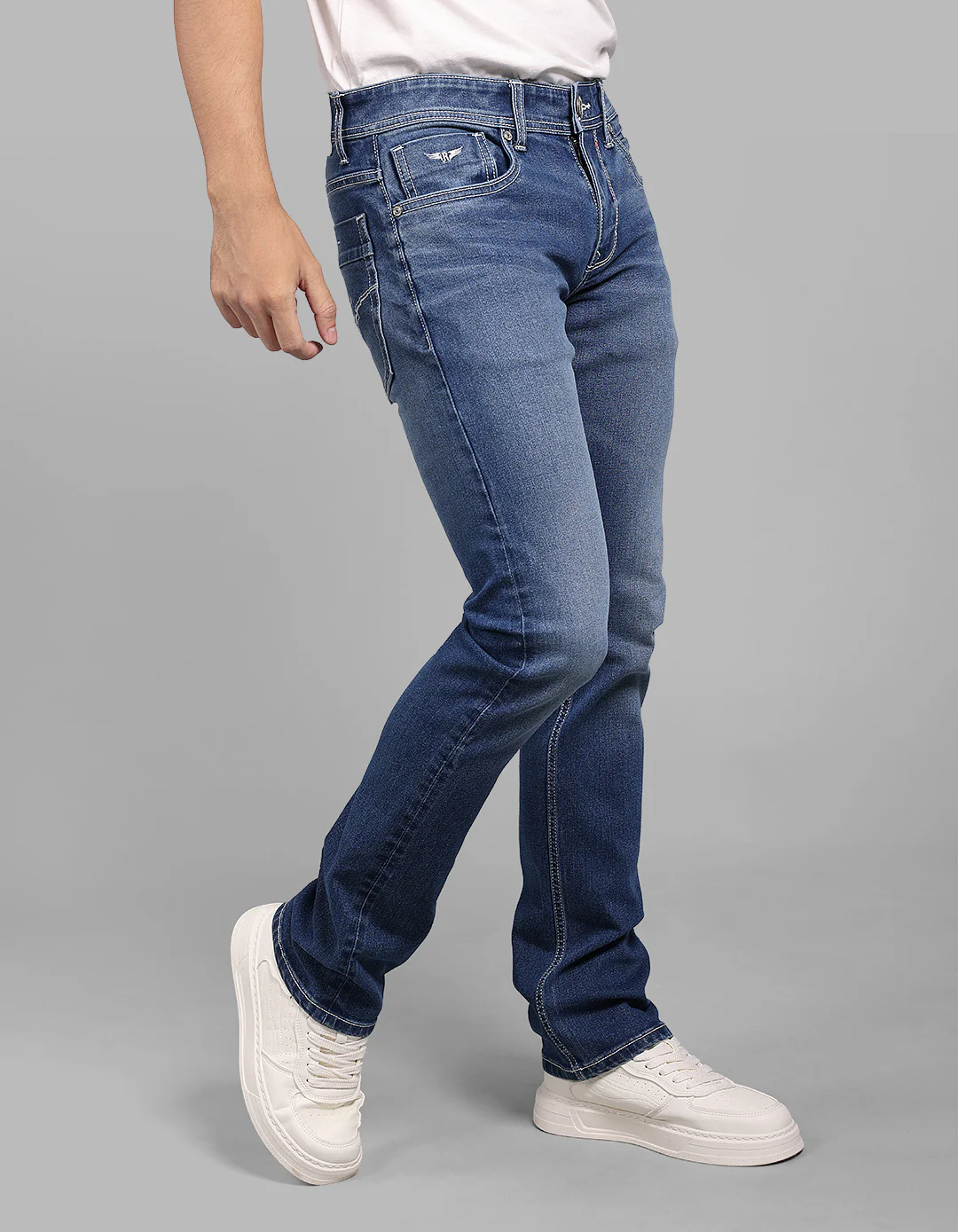 Med Blue 5 Pocket Mid-Rise Slim Straight Fit Stretch Jeans - Image 4
