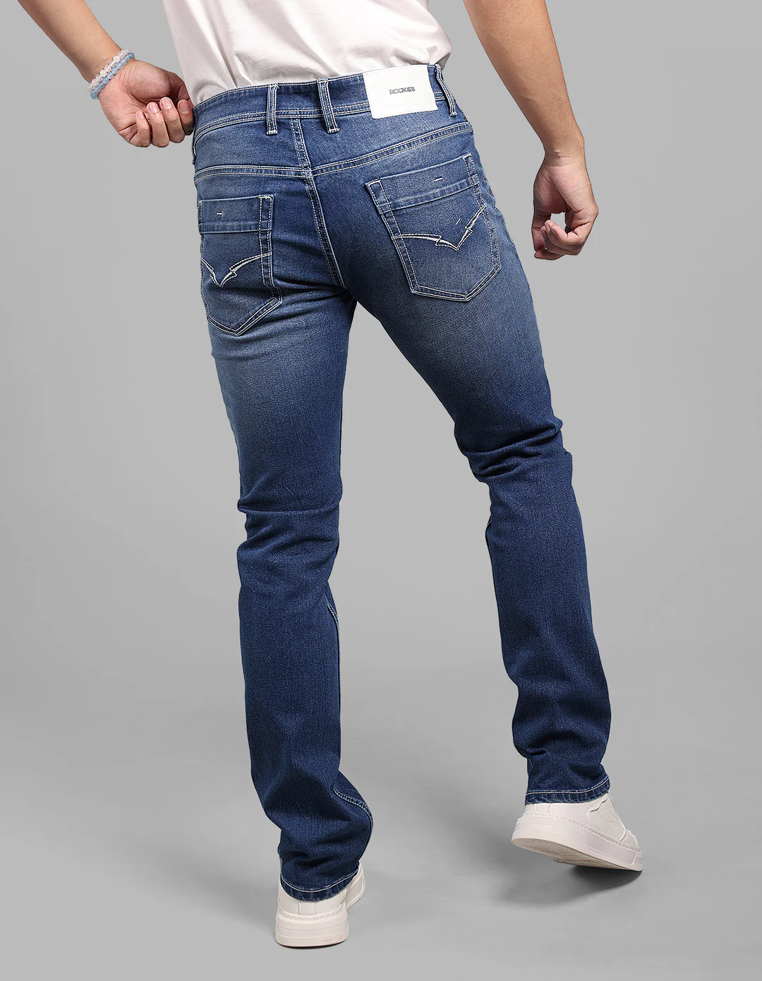 Med Blue 5 Pocket Mid-Rise Slim Straight Fit Stretch Jeans - Image 5