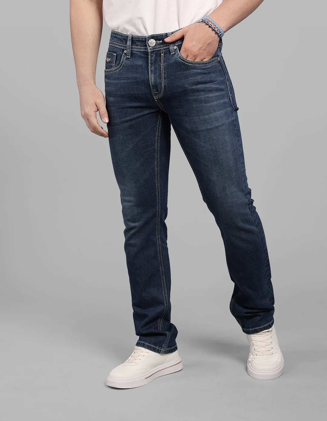 Med Blue 5 Pocket Mid-Rise Slim Straight Fit Stretch Jeans