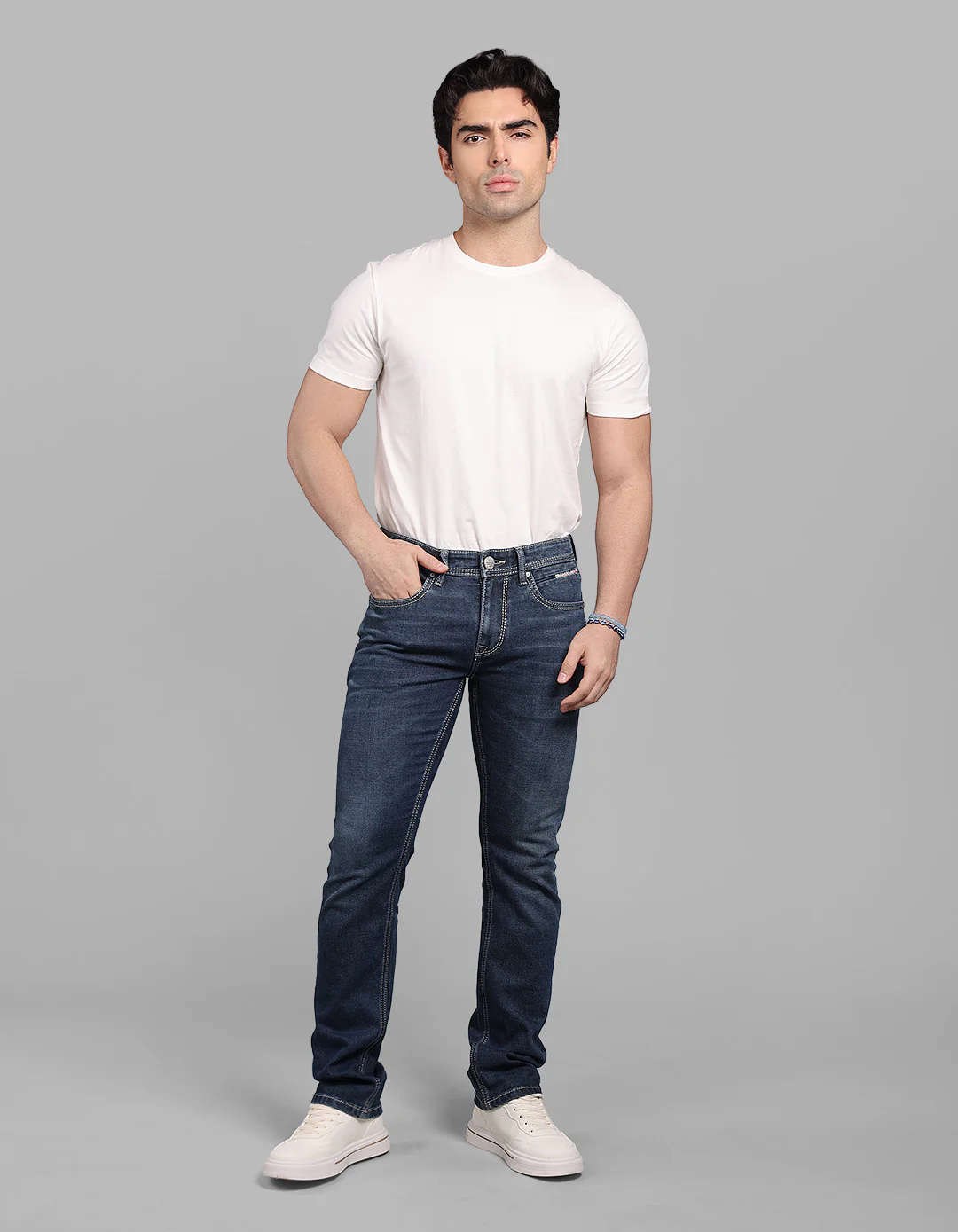 Med Blue 5 Pocket Mid-Rise Slim Straight Fit Stretch Jeans - Image 2