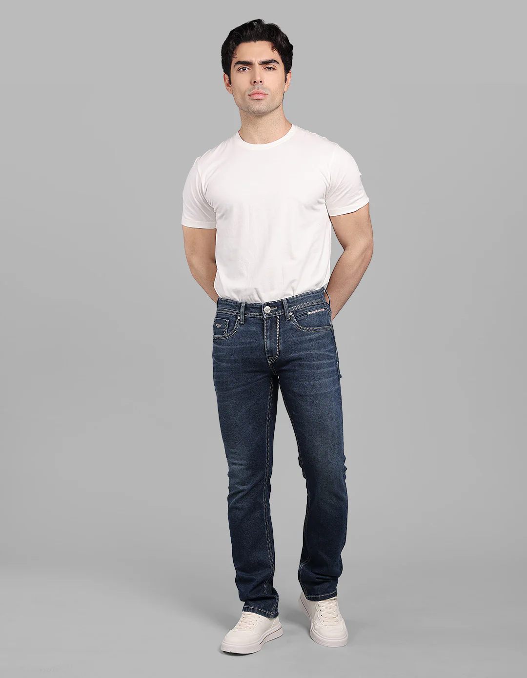 Med Blue 5 Pocket Mid-Rise Slim Straight Fit Stretch Jeans - Image 3
