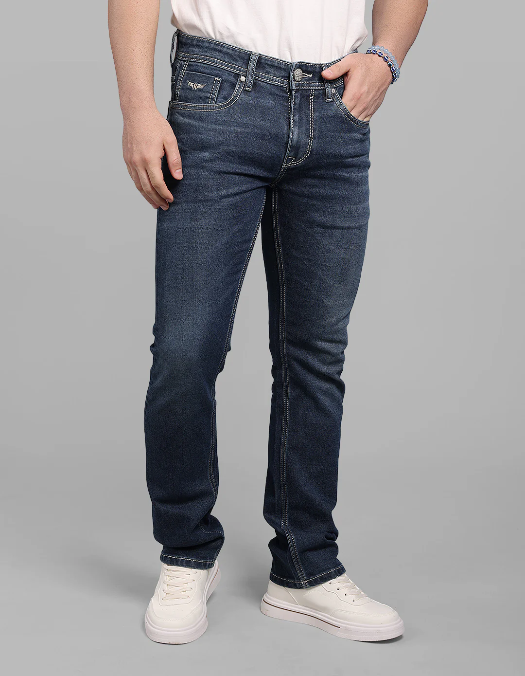 Med Blue 5 Pocket Mid-Rise Slim Straight Fit Stretch Jeans - Image 4