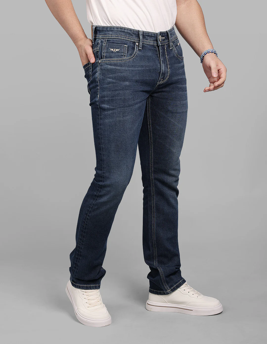 Med Blue 5 Pocket Mid-Rise Slim Straight Fit Stretch Jeans - Image 5