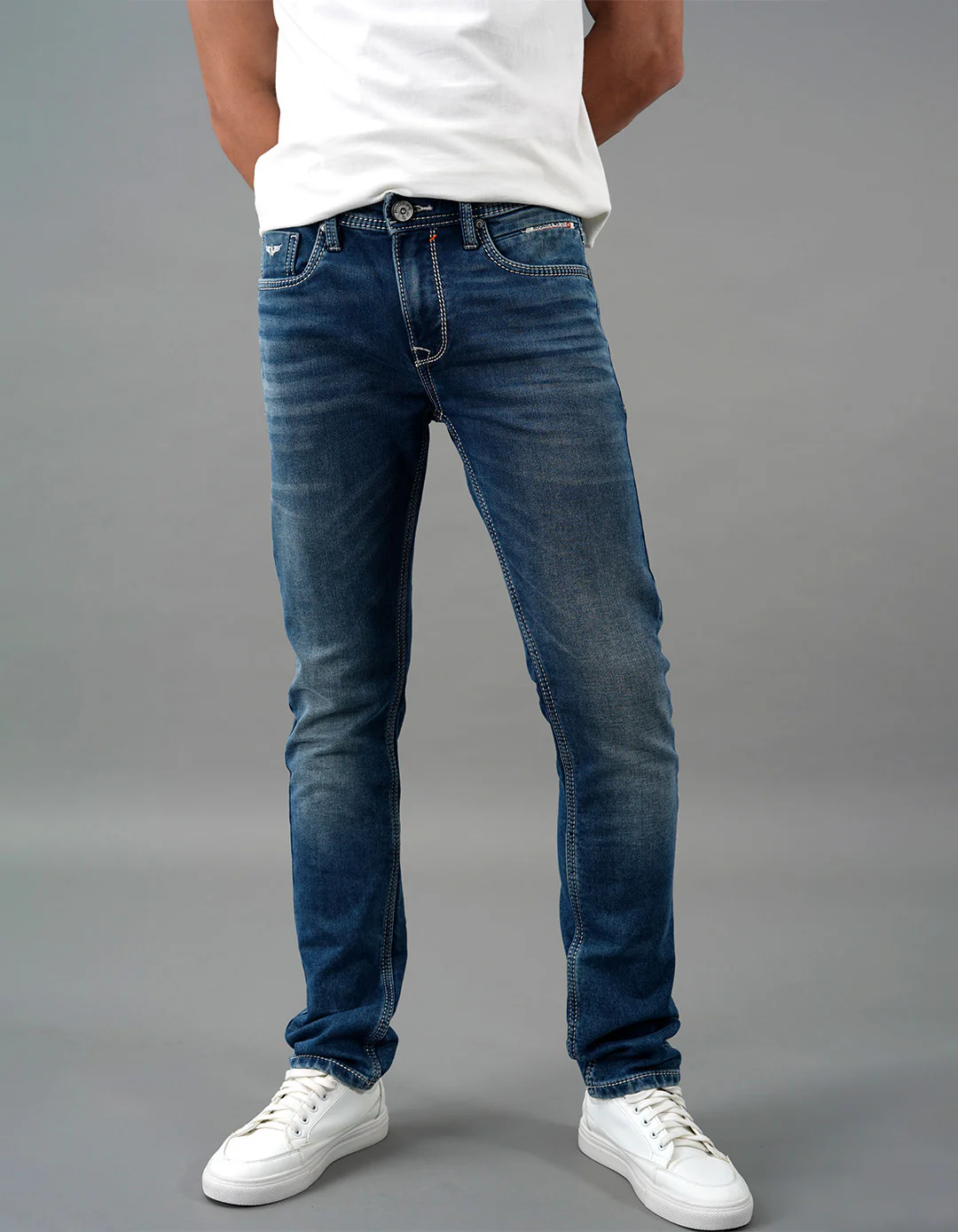 Med Blue 5 Pocket Mid-Rise Slim Straight Fit Jeans